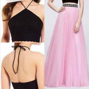 BLONDIE NITES TULLE JEWELED MAXI SKIRT WITH BLONDIE NIGHTS LACE HALTER TOP